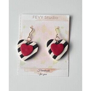 Handmade Polymer Clay Heart Earrings Red Black White Striped Dangle Statement